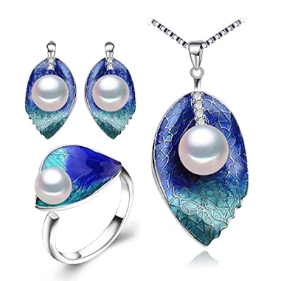 Image of LOKILOKI Pearl Jewelry Sets 925 Sterling Silver Stud Earrings,natural Leaf Necklace For Women Cloisonne Earrings Ring Set
