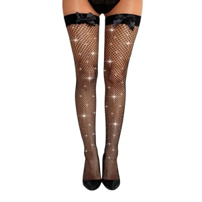 Image of Malustar Sparkling Fishnet Hold Up Stockings with Bows (Black)