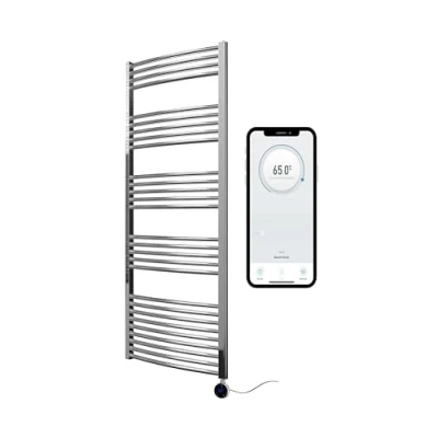 Image of Greened House Chrome Electric Smart WiFi Controlled Heated Towel Rail Curved 600mm W x 1600mm H 7 Day Programmable Timer App Compatibility