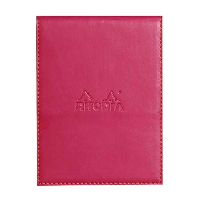 Image of RHODIA 128212C Clipboard Case + Stapled Notepad No. 12 Raspberry 8.5x12 cm Lined 80 Detachable Sheets 80G White Clairefontaine Paper Pencil Holder Faux Leather Rhodiarama Collection