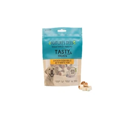 Image of Natures Deli Chicken Sushi Rolls with White Fish Dog Treats, Gluten Free Low Fat Bite size Treats for Dogs, High Protein Biscuits 100 g