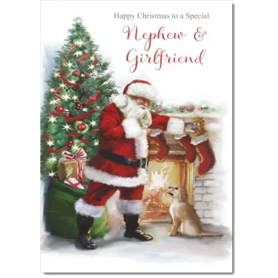 Image of doodlecards Nephew &amp; Girlfriend Christmas Card Santa by Tree Medium Size with Plain Envelope