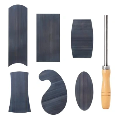 Image of Cabinet Scraper Burnisher with 6 Piece Multi Shaped Set 1 Oval 2 Double Convex/concave Rectangle Curved and Goose Neck (7 Different Cards + Burnisher)