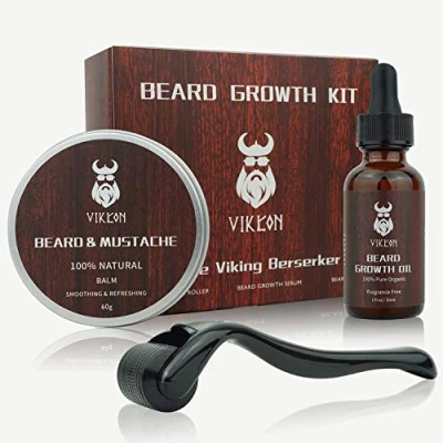 Image of Beard Derma Roller Kit for Men, Patchy Facial Hair Growing Kit, Growth Serum Oil + Balm Titanium Microneedle Roller, Let it Grow