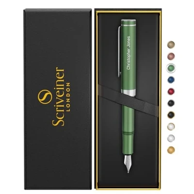 Image of Scriveiner Personalised Luxury EDC Fountain Pen (Medium), Stunning Matt Green Pocket Pen, Chrome Finish, Schmidt German Nib, Best Engraved Gift Set for Men &amp; Women, Name Engraving