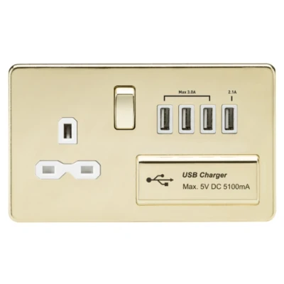 Image of KnightsBridge 13A 2G Screwless Polished Brass 1G Switched Socket with Quad 5V USB Charger Ports White Insert