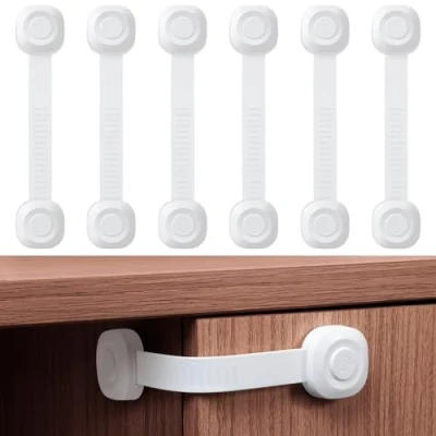 Image of ECHOCUBE Child Safety Drawer Locks, 6 Packs Baby Proofing Cupboard Locks with Adhesive, Adjustable Strap for Kitchen Cabinets, Fridge Door, Toilet, Trash (White)