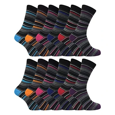 Image of 12 Pair Multipack Mens Cotton Striped Socks SOCK SNOB Orange Purple Pink Blue &amp; Red (6 11, Assorted)