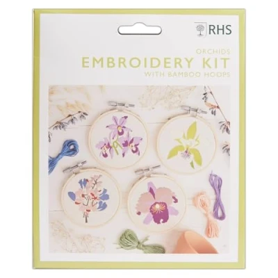 Image of RHS The Royal Horticultural Society Embroidery Hoop Decoration Kit, Orchids Designs, (Pack of 4), Kits for Adults &amp; Beginners, Gift Idea, Pattern