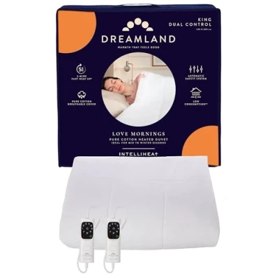 Image of Dreamland King Size Love Mornings All Season Pure Cotton Heated Duvet/Electric Blanket (Fast Heating Electric Blanket, 6 Heat Settings, Auto Safety Shut Off, Detachable Control, 225 x 220 cm)