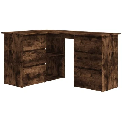 Image of vidaXL Smoked Oak Corner Desk Rectangular Study Workstation with Drawers &amp; Compartments Versatile Engineered Wood Elegant Scandinavian Design for Office or Home