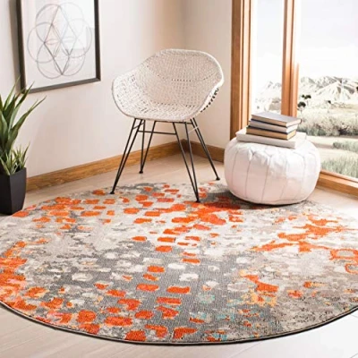 Image of SAFAVIEH Modern Chic Rug for Living Room, Dining Bedroom Madison Collection, Short Pile, in Grey and Orange, 122 X cm