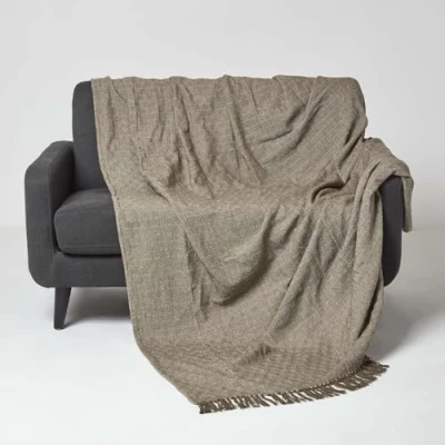 Image of HOMESCAPES Handwoven Brown Throw 225 x 255 cm Geometric 100% Cotton Blanket with Tassels Thick All Season “Malda Bedspread for Bed or Sofa Cover