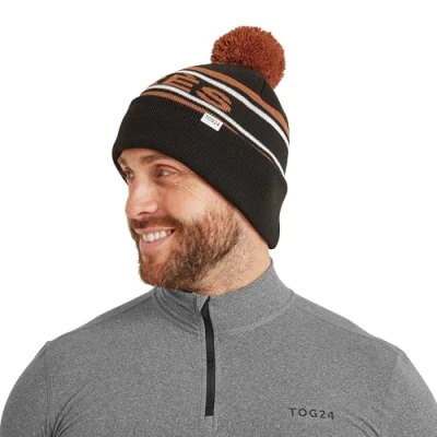 Image of TOG24 Brixen Knitted Bobble Hat Yarn Pom Beanie with &#039;APRÉS&#039; Motif &amp; Rib Turn Up Perfect for Ski Season Winter Black