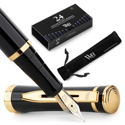 Image of Wordsworth and Black Fountain Pen [Black Gold] Luxury Medium Nib Set Includes 24 Ink Cartridges &amp; Blue], Refillable Converter Pens for Writing or Calligraphy