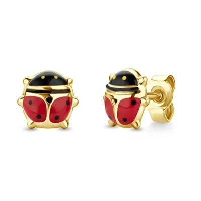 Image of Miore Kids red and black ladybird earrings for children in 9 kt 375 yellow gold 7 x 6.5 mm post butterfly