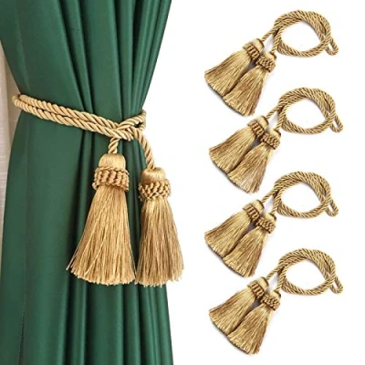 Image of Fenghuangwu Curtain Tiebacks Handmade Decorative Holdbacks Rope with Tassel (Gold, 4)
