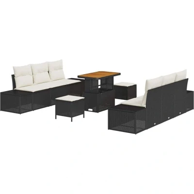 Image of Vidaxl 9 Piece Garden Sofa Set with Cushions Black Poly Rattan Acacia