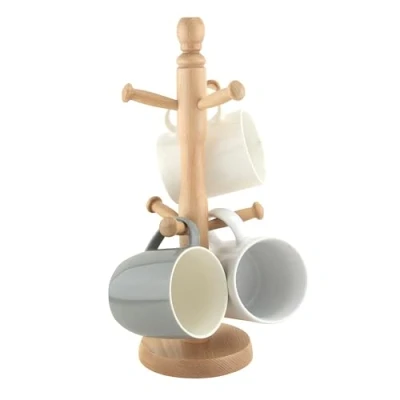 Image of Wooden Mug Tree Holder 6 Mugs for Kitchen Coffee &amp; Tea Cups Stand Rack with Hooks Organiser Stable Base
