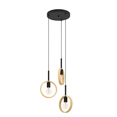 Image of EGLO Pendant lighting Ipsden, 3 bulb minimalist ceiling light fitting made of natural wood and black metal, hanging lamp for dining living room, E27 socket