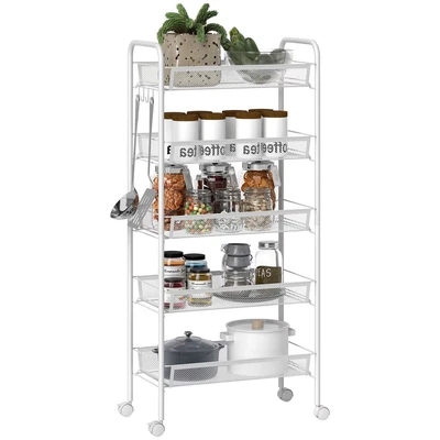 Image of HOMCOM 5 Tier Utility Rolling Cart, Metal Storage Kitchen Cart with Removable Mesh Baskets, for Living Room, Laundry, Garage and Bathroom, White