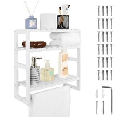 Image of BELLE VOUS 3 Tier White Floating Shelves 42cm/16.5 Inches Long Decorative Storage Set Rustic Wall Mounted Wood Shelf with Towel Bar for Bathroom, Living Room, Bedroom and Kitchen