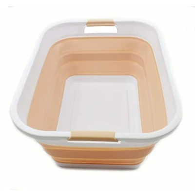 Image of SAMMART Collapsible Plastic Laundry Basket 41L Foldable Pop Up Storage Container/Organizer Portable Washing Tub Space Saving Hamper/Basket (White/Beige)