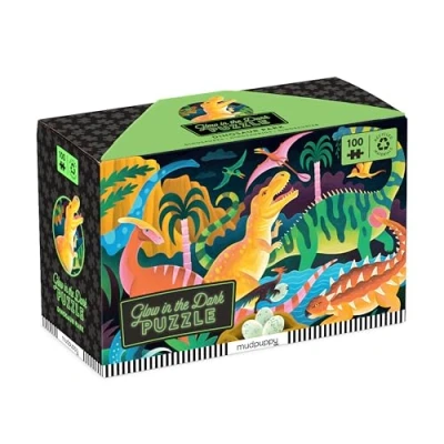 Image of Mudpuppy 9780735382497 Park 100 Piece Glow Jigsaw Puzzle with A Bold Scene of Marvelous Dinosaurs and Hidden Dino Skeleton Details in The Dark