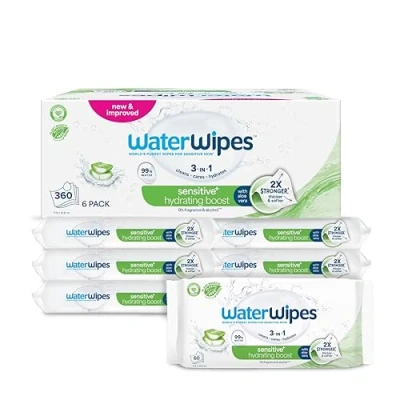 Image of WaterWipes Hydrating Clean Baby Wipes, 360 Wipes (6 Packs), with 99% Water &amp; Aloe Vera Extract, Wet for Face Body