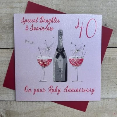Image of WHITE COTTON CARDS DAUGHTER &amp; SON IN LAW 40TH RUBY ANNIVERSARY CARD, HANDMADE (DAA40 DS)