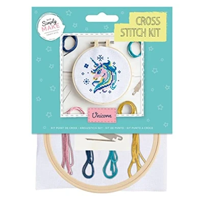 Image of Simply Make Cross Stitch Kit Unicorn Design for Kids and Adults, Including Hoop, Embroidery Thread, Fabric Needle Perfect Adult Crafts Beginners Starter Craft