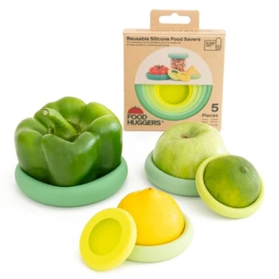 Image of Food Huggers 5pc Reusable Silicone Savers BPA Free &amp; Dishwasher Safe Fruit Vegetable Produce Storage for Onion, Tomato, Lemon, Banana, Cans More Round, Sage Green