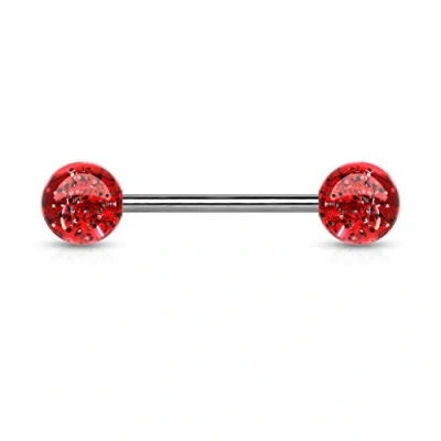 Image of The Goldmine 1 Single Barbell Red Colour 6mm Acrylic Glitter Balls 316L Surgical Stainless Steel 14GA(1.6mm) 5/8&quot;(16mm) Bar