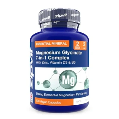 Image of Zipvit Magnesium Glycinate 7 in 1 Complex, 1800mg with 388mg Elemental, High Absorption Bisglycinate, Malate, Citrate, Oxide, Plus Vitamin D3, B6 &amp; Zinc, 120 Capsules, Vegan Supplements