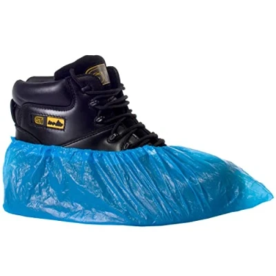 Image of Disposable Shoe Covers Blue Plastic Waterproof Overshoes Foot Covering Protectors Cleaning Accessories Carpets/Floors for Indoor/Outdoor Use (100, Blue)