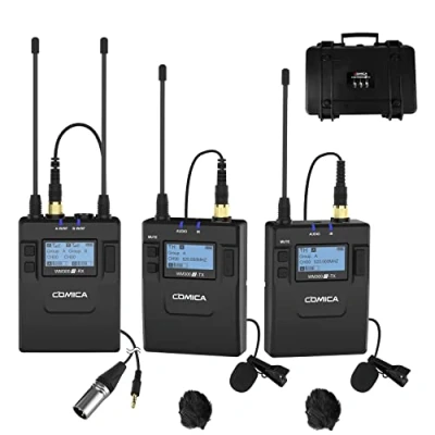 Image of COMICA CVM WM300A 96 Channel UHF Wireless Lavalier Microphone System Compatible with Cameras, Camcorders and Smartphones, Lapel Mic for YouTube Vlog Video Recording Interview(2TX+1RX)