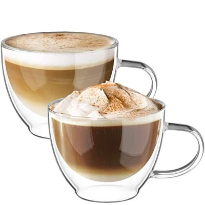 Image of ecooe 2x350ml Double Walled Coffee Glasses Mugs Cappuccino Latte Macchiato Cups with Handle Borosilicate Heat Resistant Glass for Tea Milk Juice Ice Cream
