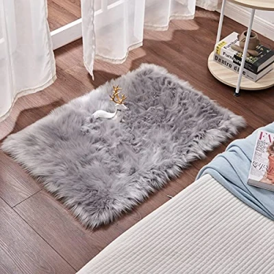 Image of Cumay Super Soft Faux Sheepskin Rug,Rugs living room, Shaggy Bedroom Area Rug Fur Bedside Rugs (Gray, 23.6 x 35.4 inch)