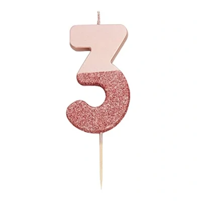 Image of Talking Tables Rose Gold Glitter Number 3 Candle Premium Quality Cake Topper Decoration Pretty, Sparkly for Kids, Adults, 30th Birthday Party, Anniversary, Milestone, RoseGold3
