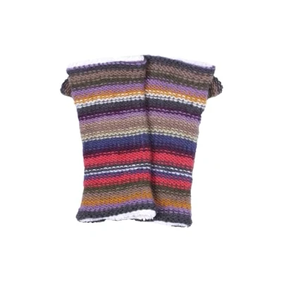 Image of Pachamama Women Soft Wool Hand Wrist Warmers Sherpa Fleece Lined Handknitted Contemporary Stripe Multicoloured One Size Handmade Thumbslot Thermal Extra Warm Fair Trade