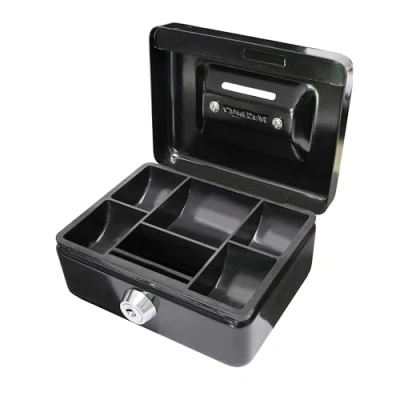 Image of Cathedral Products Key Lockable Cash Box with Lift Out 6 Compartment Coin Tray 4 Inch Black