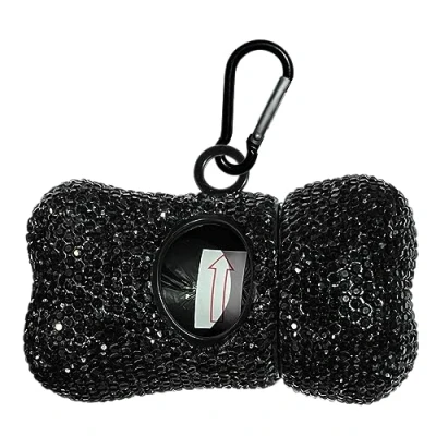 Image of Dog Poop Bag Holder Bling Crystal Waste Bags Dispenser for Pet Doggy with Metal Carabiner Clip (Black)