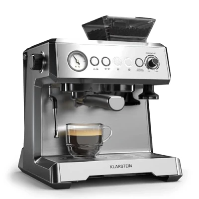 Image of Klarstein GrandPresso Espresso Machine 20 Bar, 1350W, Integrated Grinder, Milk Frother, 2.3L Water Tank, Barista Quality at Home, Thermoblock Heating, for Home