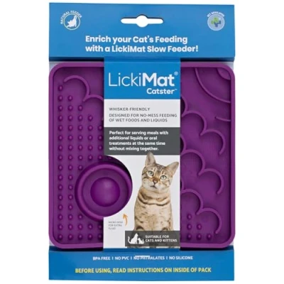 Image of LickiMat Catster Cat Food Mat Slow Feeder with Micro Dish for Added Hydration Perfect Food, Treats, Yoghurt &amp; Anxiety Relief Cats Fun Alternative to Bowl Purple
