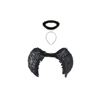 Image of The Fancy Dress® Women Angel Fairy Wings And Halo Dark Halloween Party Costume Adult Black Headband &amp; Fallen Dress Outfit (Feather Set)