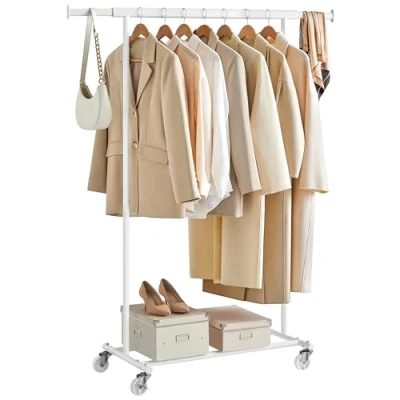 Image of SONGMICS Clothes Rack on Wheels, Heavy Duty Rail, with Extendable Hanging 90 kg Load Capacity, Easy Assembly, Portable, Classic White HSR013W01