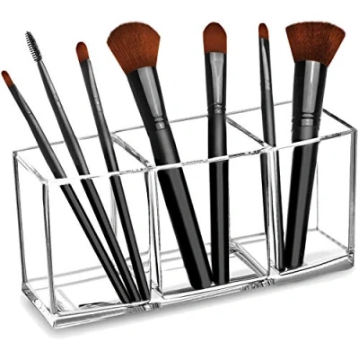 Image of Clear Makeup Brush Organiser, Premium Acrylic Holder Organiser 3 Compartments Display Cosmetic Storage
