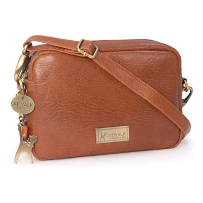 Image of Catwalk Collection Handbags Ladies Small Leather Cross Body Bag Women&#039;s Messenger Camera Adjustable Strap POLLY Tan