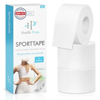 Image of Health Press® Sport Tape 3 Rolls (3.8 cm x 10 m) Tearable Professional White Athletic for Joints, Muscles, and Ligaments Medical All Sports