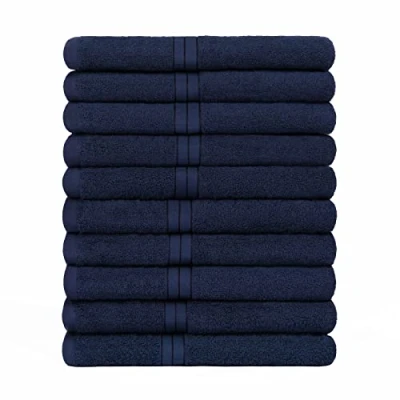 Image of Brentfords 100% Cotton Bathroom Hand Towels Premium Quality, Super Absorbent &amp; Quick Drying Flannel Luxury Set of 10 Navy Blue 50 x 80cm